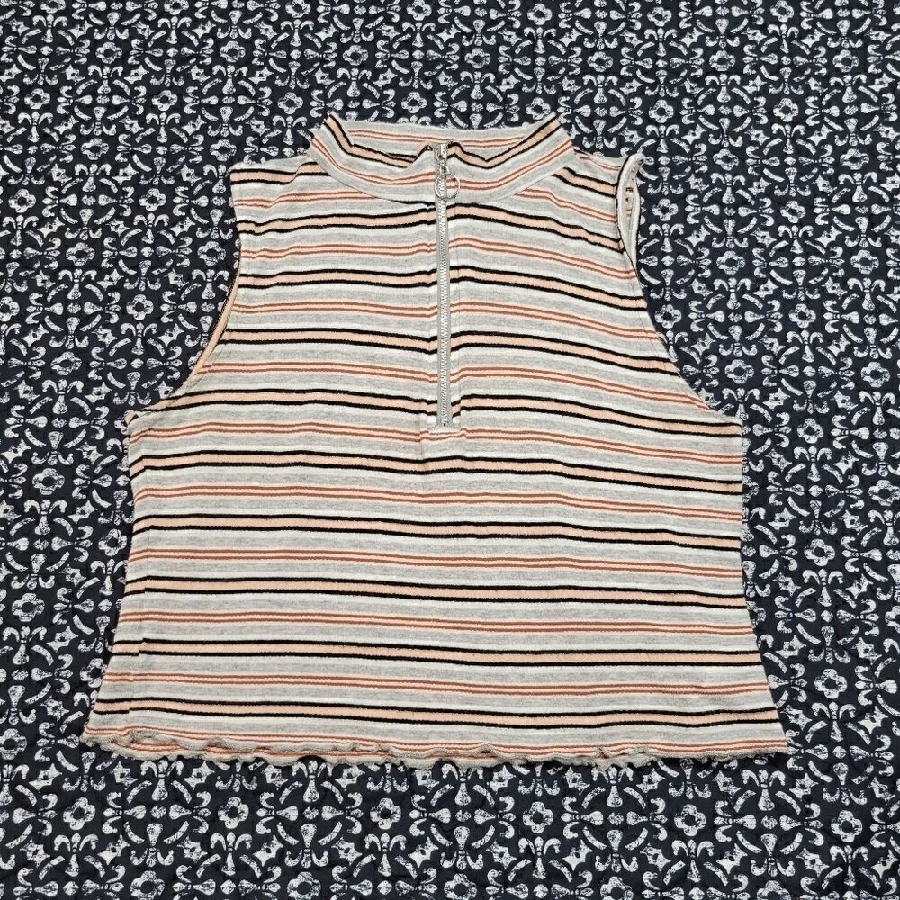 BKE Striped Retro Half Zip Ruffle Cute Turtleneck Chic Boho Sleeveless Crop Top